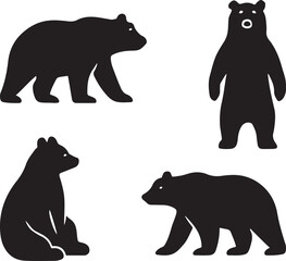 Four black bear silhouettes in different poses on white background animal