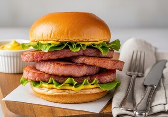 Stacked grilled spam burger with lettuce and mustard — close-up gourmet sandwich