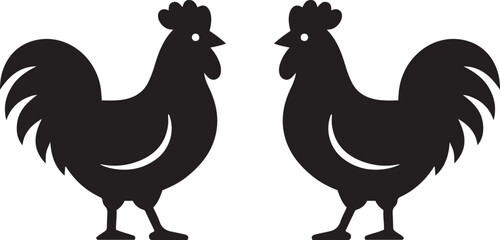 Two black rooster silhouettes facing each other on a white background, chicken birds