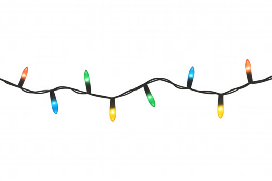 Colorful glowing string lights for christmas, new year, festive holiday celebration and decoration, transparent background