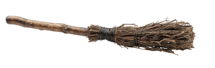 Old-fashioned broom with a long wooden handle and a thick, tangled, brown bristle head