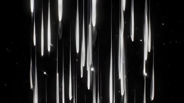 Abstract black and white image. Vertical, glowing, white lines against a dark background
