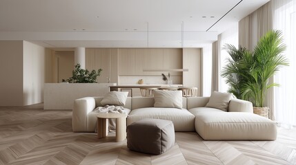 Modern Living Room with Cozy Sofa and Minimalist Design Features Highlighting Natural Light and Textures in a Contemporary Space