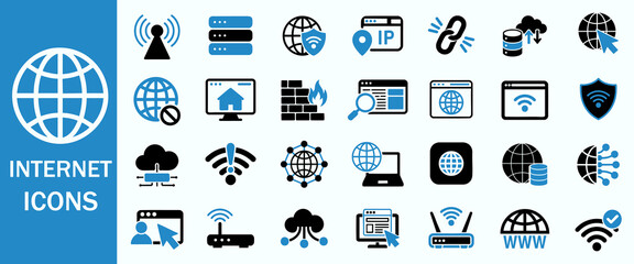 Internet and Network Icons Set. WiFi, Website, Cloud Storage, Cybersecurity, Data Connection, IP Address, Web Hosting, Firewall and more. vector style with white background