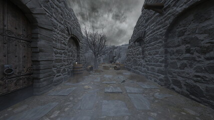 修道女の像がある中庭　3DCGレンダリング