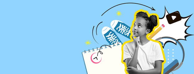 A young child with a curious expression is surrounded by a vibrant collage that includes school supplies like notebooks, pens, and sneakers. Bright colors enhance the playful theme.