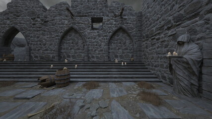 修道女の像がある中庭　3DCGレンダリング