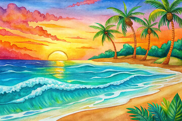 Fototapeta premium tropical shore, turquoise waves, palm trees, coral reef, sandy beach, vibrant sunset, paradise nature, vacation art