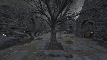 修道女の像がある中庭　3DCGレンダリング