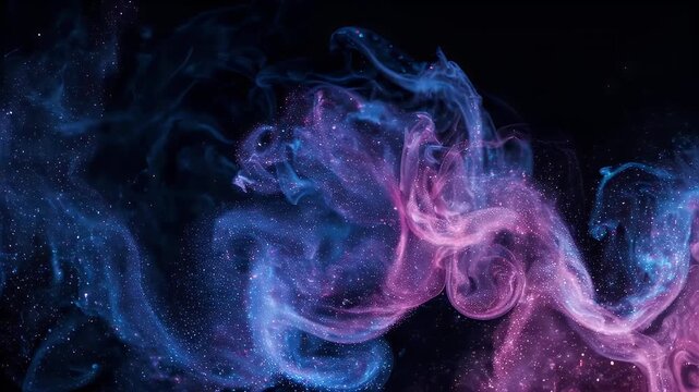 An abstract fluid composition showcasing swirling blue-purple hues, sprinkled with white dots