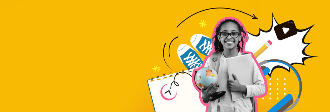 A cheerful student stands proudly with a globe and school supplies. The colorful background features playful designs and elements related to education, creativity, and learning.