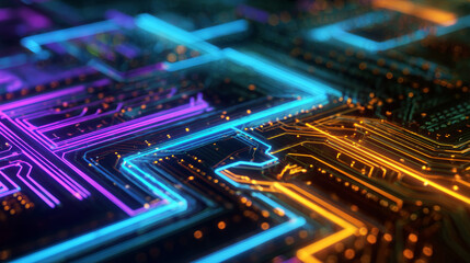 Abstract background with neon light lines and circuit board elements.
