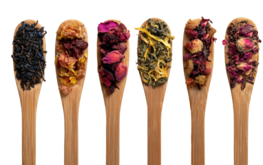 Assorted loose leaf teas on wooden spoons