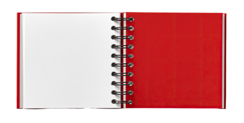 Open red spiral-bound notebook with blank white pages (1)