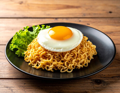 Golden Yolk Fried Egg Atop Curly Instant Noodles on a Rustic Wooden Table.