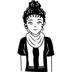 Black and White Illustration Of A Woman With Curly Hair Wearing A Striped Scarf And Shirt