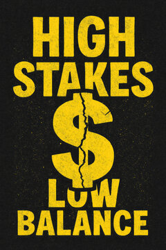 High Stakes, Low Balance: A striking graphic conveying extreme financial risk combined with dangerously low resources. The central broken dollar sign symbolizes debt, economic precarity, and the strug