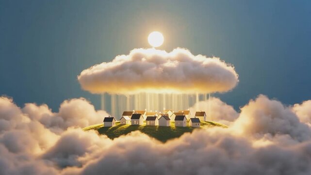 Dreamy Concept of Idealized Community: Small Houses on an Island of Earth Surrounded by Clouds and Heavenly Light