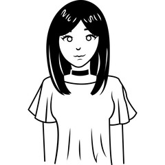 Black and White Stylized Illustration of a Young Woman with Dark Hair Wearing a Choker and a...