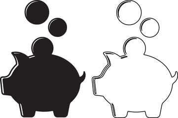 Black and white piggy banks with coins falling represent savings and financial planning for the future with simple line art design