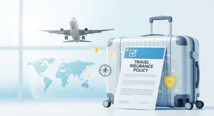 Travel insurance and luggage with airplane for safe international adventure