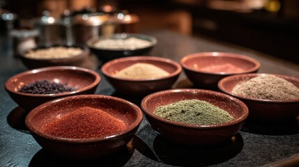 Variety of colorful spices in decorative bowls on a wooden surface for culinary inspiration