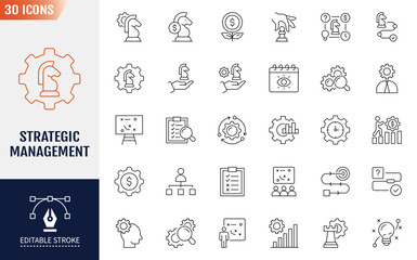 Strategic Management line Editable Icons set.  Containing icons: business strategy, organization, decision, and more. Vector illustrations