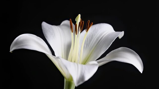 A white flower with elongated petals and contrasting stamen against a dark background
