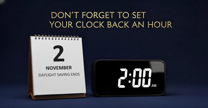 Winter Time Change Concept. Poster with Digital Clock Showing 2:00 and Desk Calendar November 2, Symbolizing Daylight Saving Time Ends. Fall Back USA 2025
