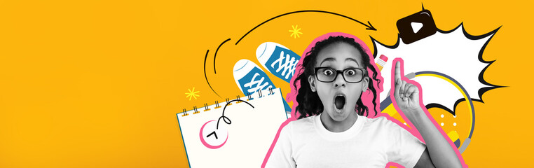 A youthful girl with glasses expresses excitement while surrounded by school supplies and colorful graphics. Bright colors and fun elements enhance the creativity of this engaging collage.