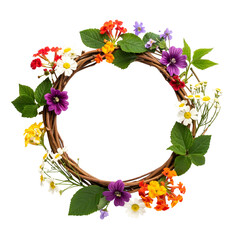 Floral wreath with colorful blooms and green leaves on black background.