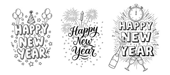 Line art of Happy New Year lettering and graphics collection