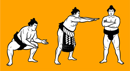line art of Sumo wrestlers in three poses