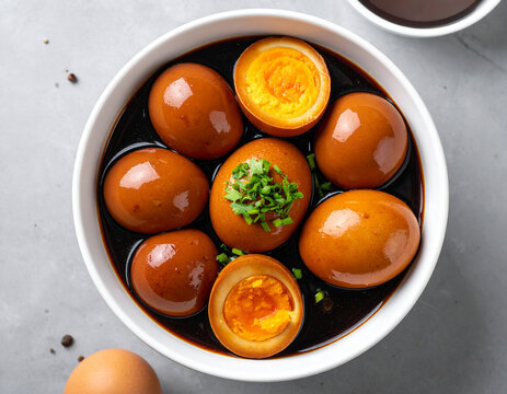 Overhead View of Delicious Soy Sauce Eggs in White Bowl, Garnished, Close-up. - Powered by Adobe