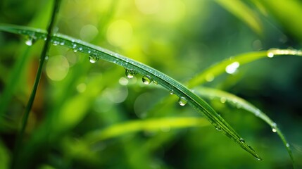Close up of dew drops on green grass blade in soft focus background