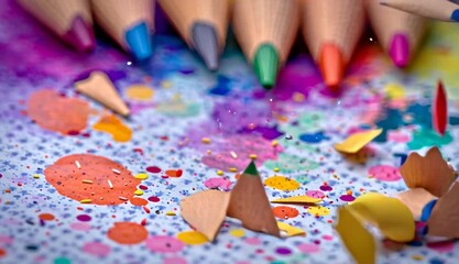 Colorful wooden pencils arranged diagonally, sharp pencil tips in focus, vibrant rainbow colors including purple, pink, blue, green, red, orange, scattered on textured paper surface - Powered by Adobe