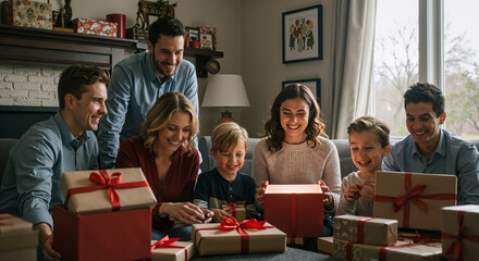 family celebrating christmas exchanging presents in cozy living room with gifts and decorations