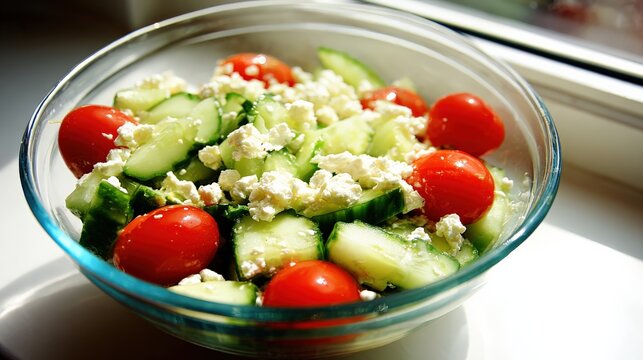 Fresh vegetable salad with cherry tomatoes and cucumbers in a clear bowl