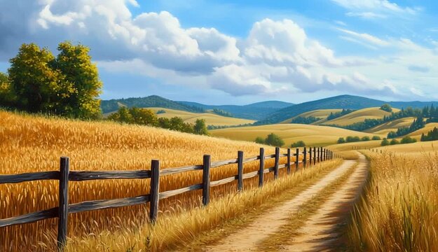 Pastoral countryside landscape with golden wheat field, wooden rail fence leading into distance, dirt path alongside fence