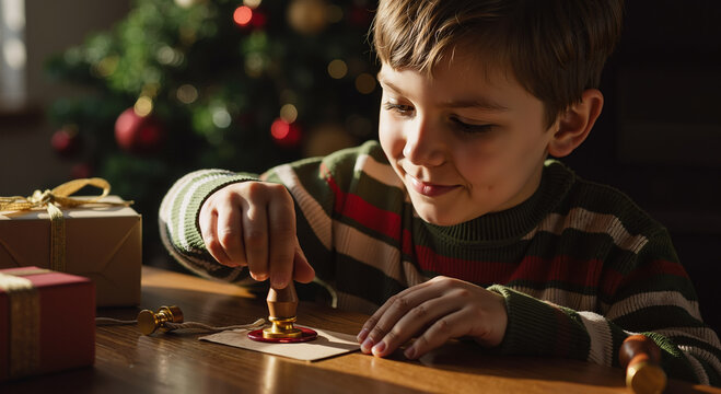 young boy sealing christmas card with stamp at home near decorated tree