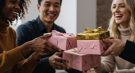 diverse friends exchanging gifts in cozy living room during holiday celebration, joyful atmosphere