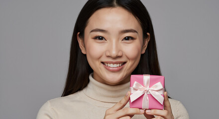 smiling woman holding pink gift box with ribbon for holiday celebration against gray background