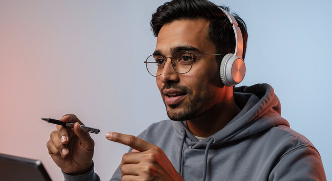 young man in hoodie using tablet for online study session wearing headphones