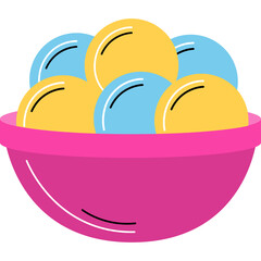 Bright Pink Bowl Filled With Yellow And Blue Spheres Isolated On White Background