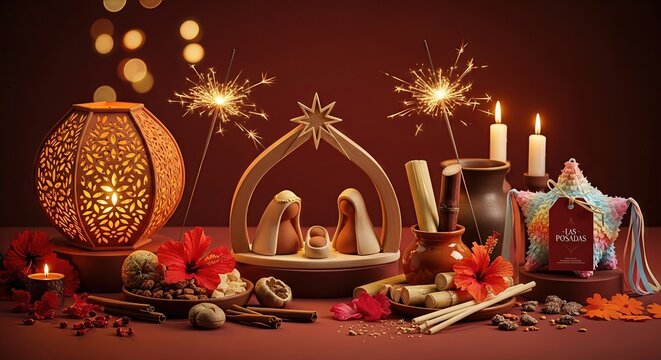 Happy Las Posadas festive celebration with a glowing Nativity scene, bright sparklers, burning candles, and traditional decorative items, creating a joyful, warm holiday atmosphere.