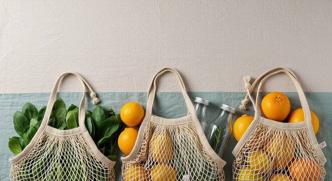 reusable mesh bags with fresh produce and glass jars on a pastel surface promoting zero waste