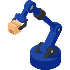 Blue Robotic Arm Holding Cardboard Box in Isometric Style with Transparent Background