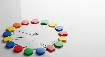 colorful board game elements arranged in a circle on white background