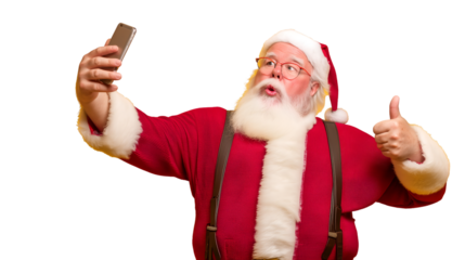 Santa taking a selfie on his mobile phone with a thumbs up. Ho ho ho! Spreading holiday cheer digitally from the North Pole.