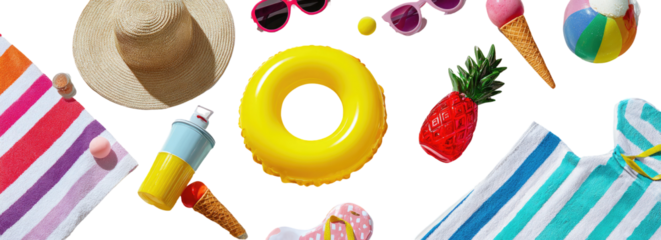 Colorful summer beach essentials scattered on black background